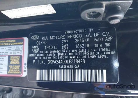 2020 Kia Rio S z USA, uszkodzony, nr VIN 3KPA24AD0LE318428